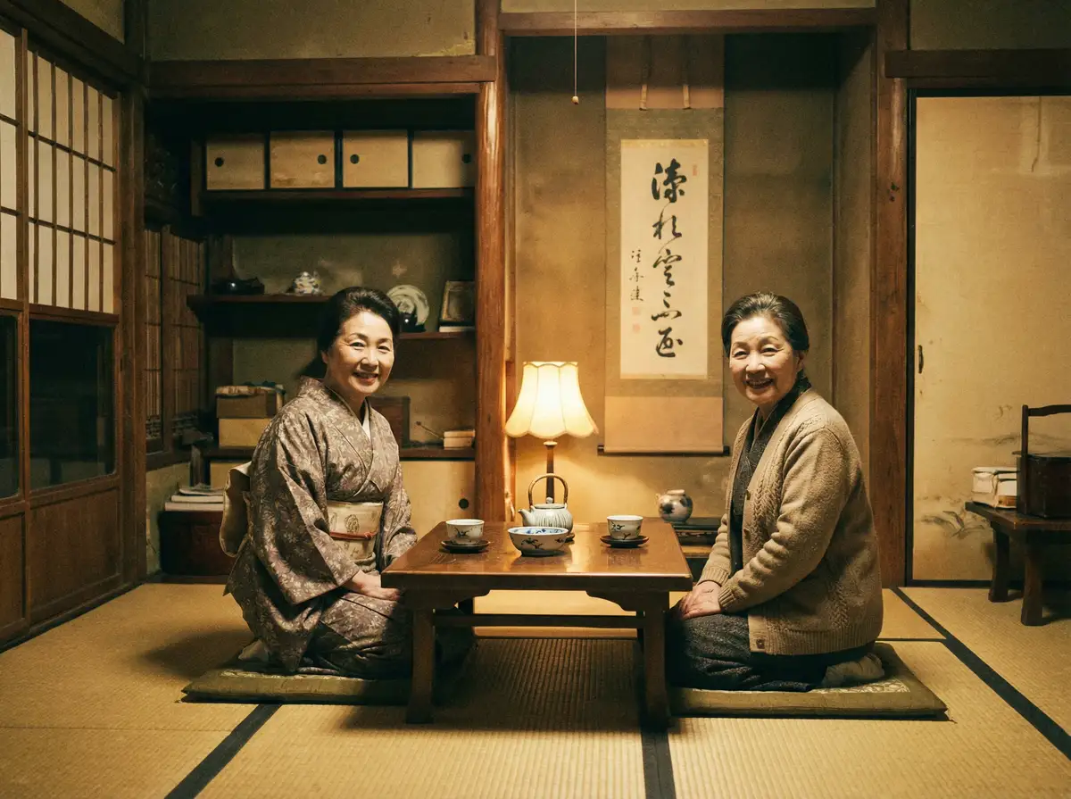 两位优雅的 免费体验试看120秒 在日式茶室中品茶交谈